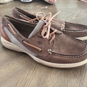 Sperry Brown Suede Boat Flats with Tan Accents